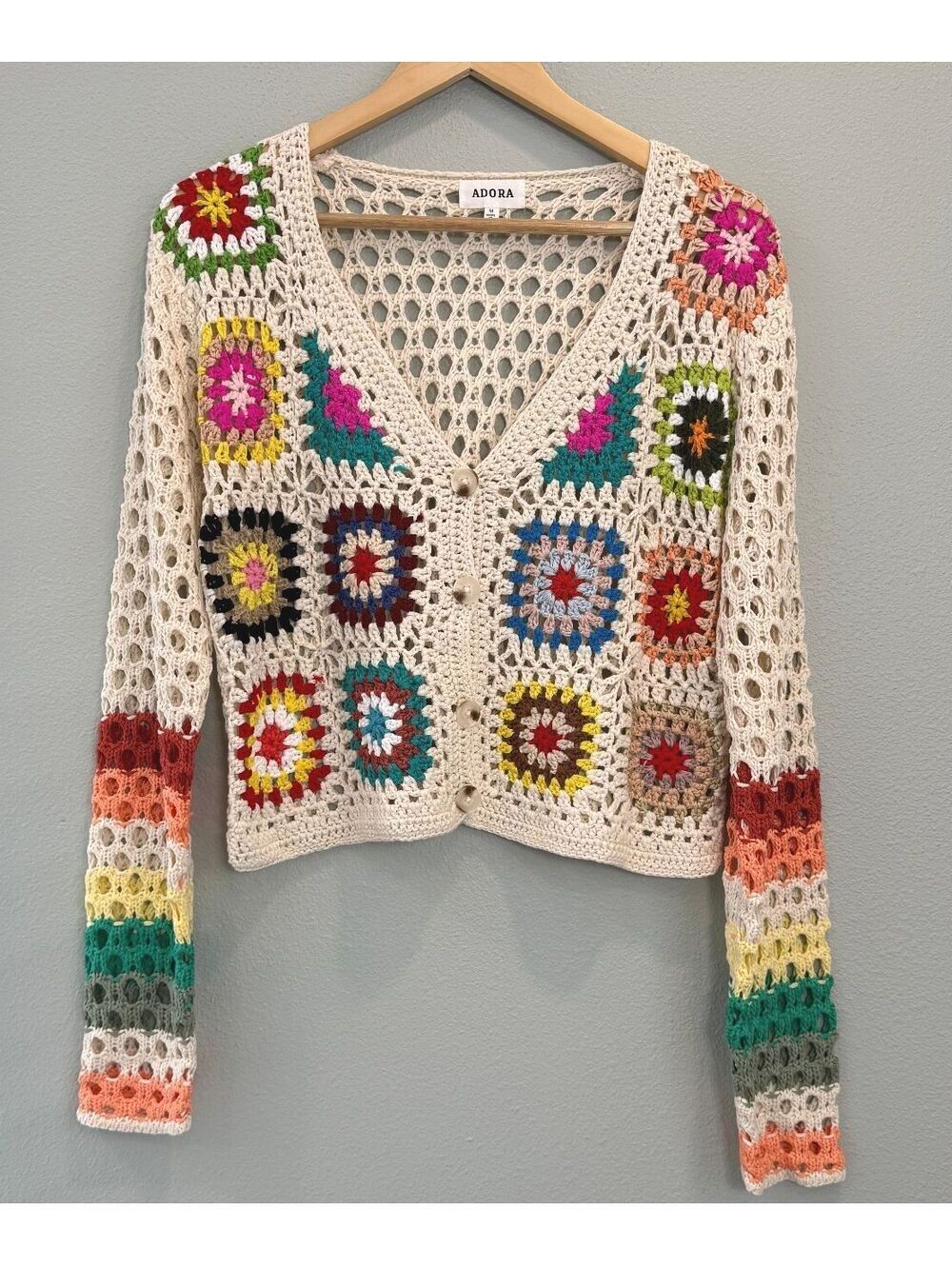 Adora Marnie Crochet Granny Square Open Knit Cardigan - Women's Medium NWOT